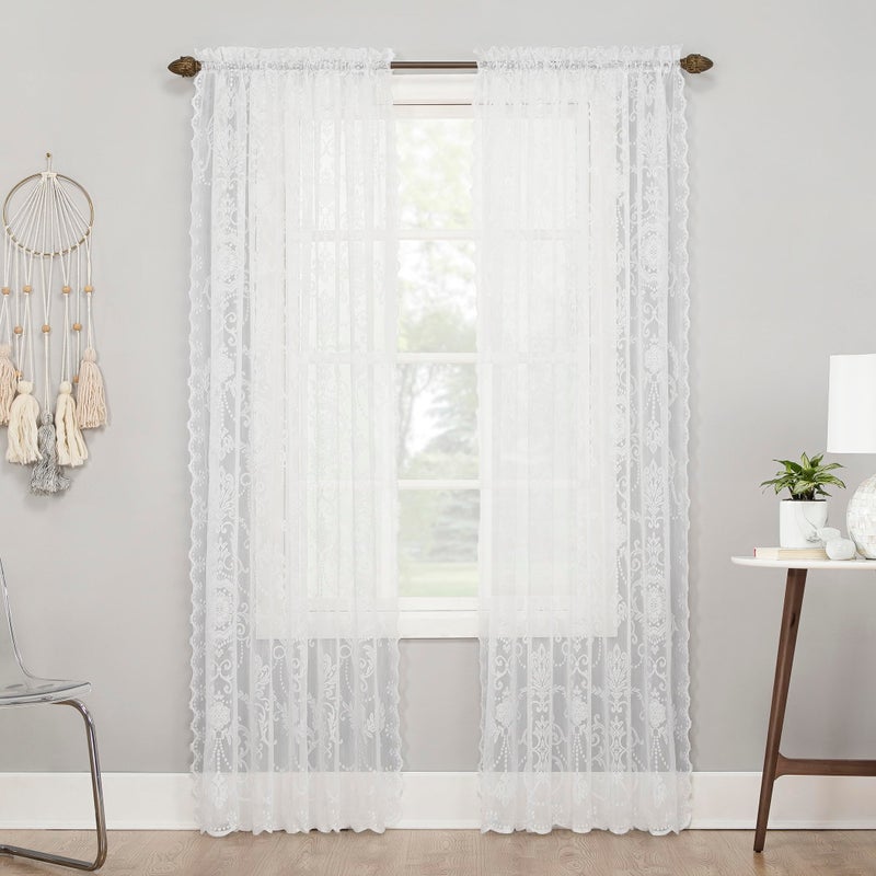 No. 918 Ariella Floral Lace Rod Pocket Curtain Panel, 58" x 63", White - Image 1